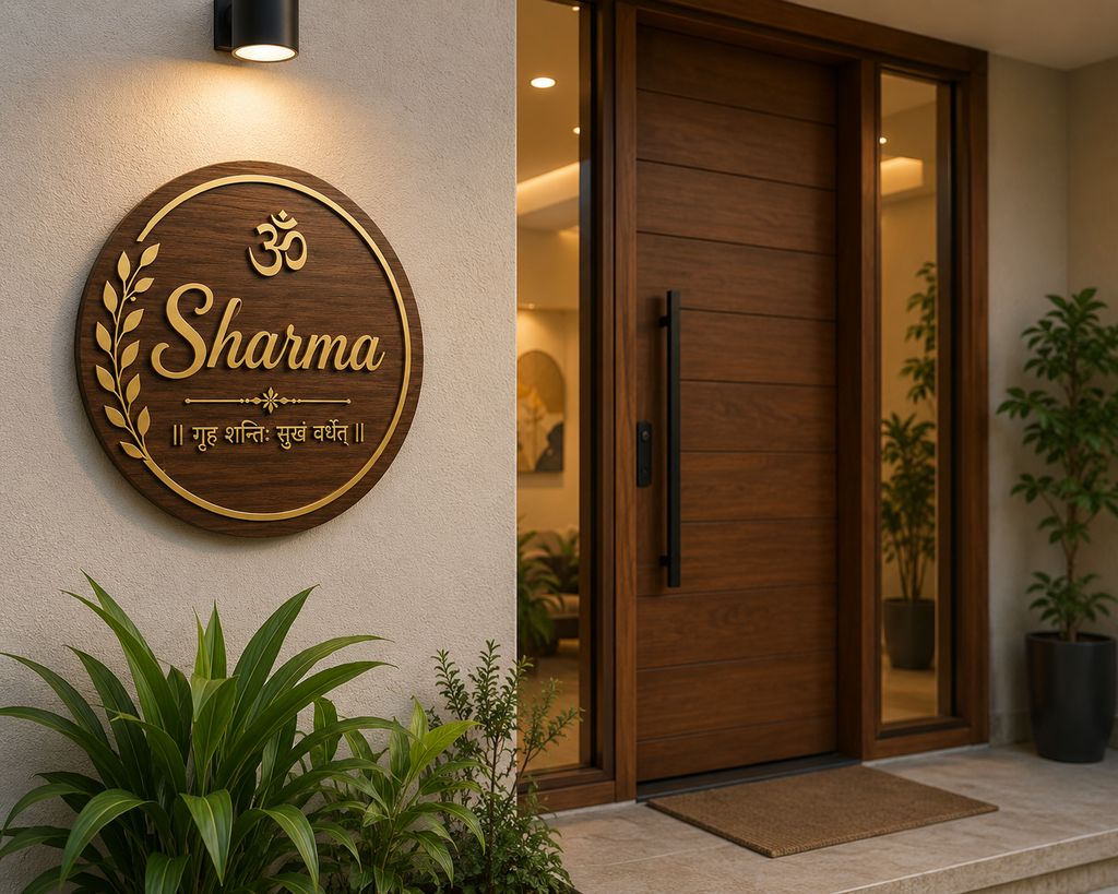 Personalized Wooden Family Name Plate with Om & Sanskrit Blessing | Premium Entrance Nameplate