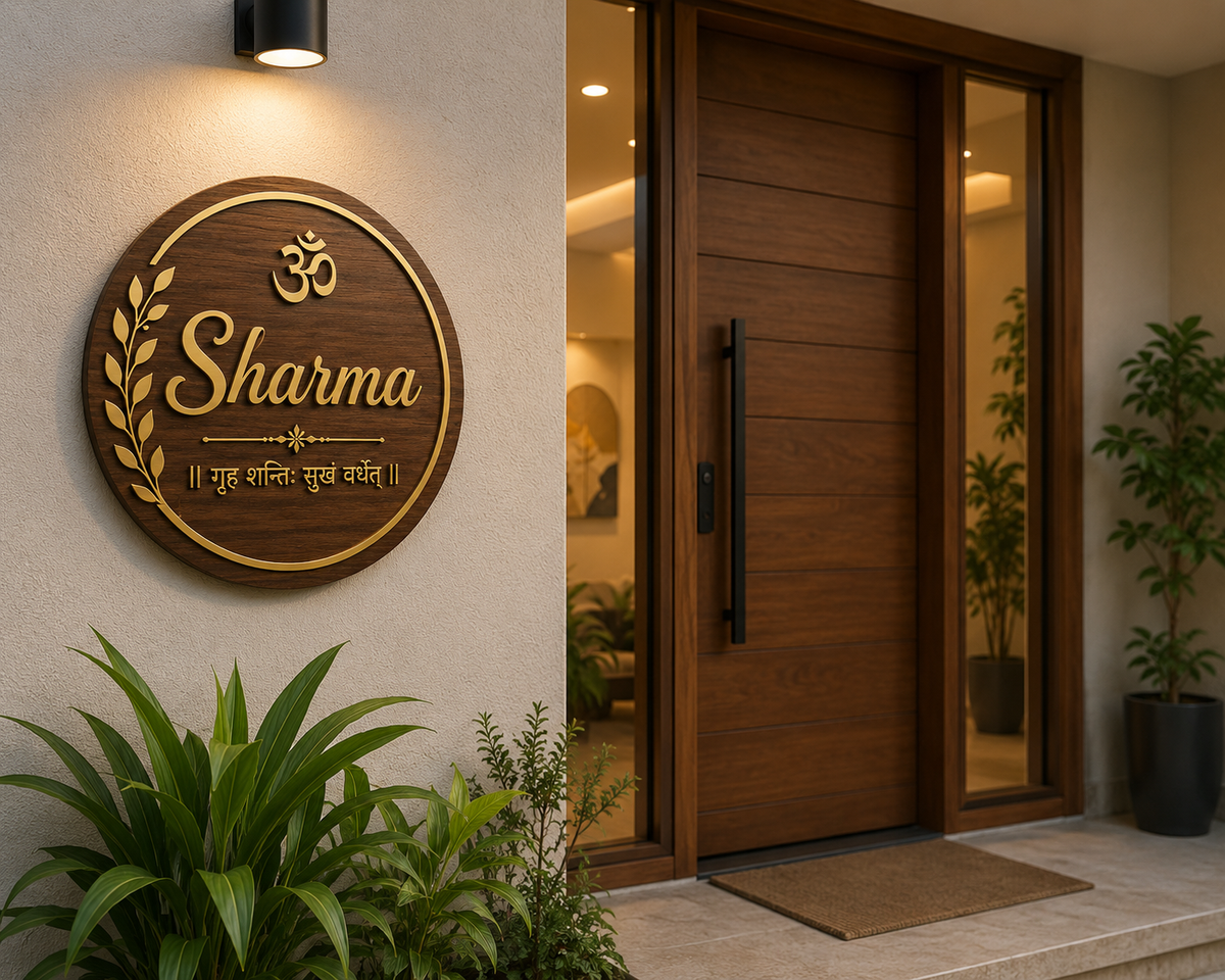 Personalized Wooden Family Name Plate with Om & Sanskrit Blessing | Premium Entrance Nameplate