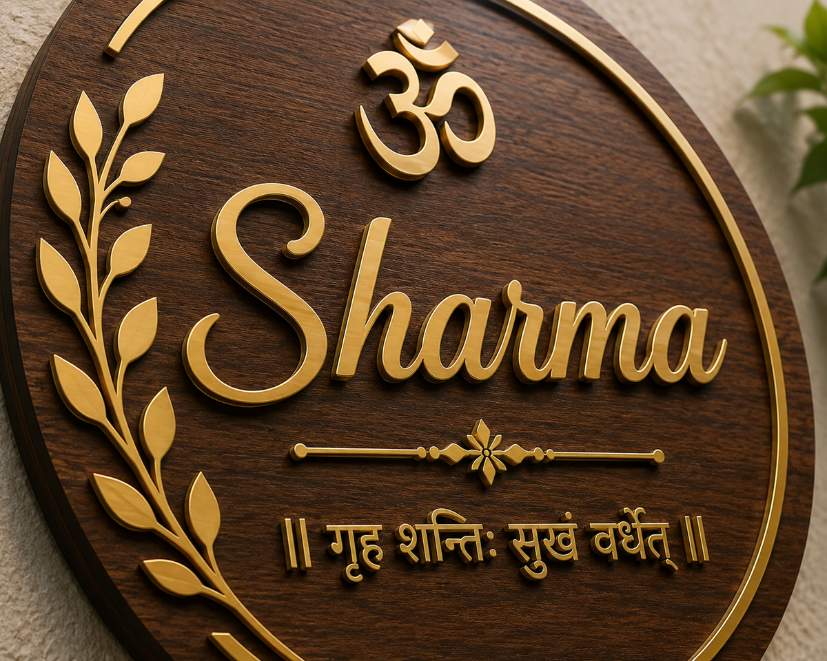 Personalized Wooden Family Name Plate with Om & Sanskrit Blessing | Premium Entrance Nameplate