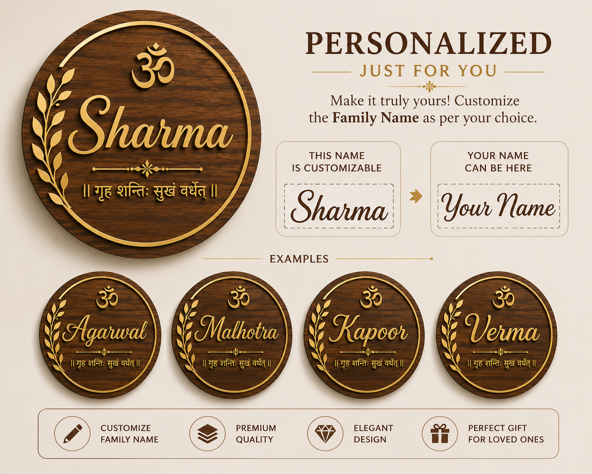 Personalized Wooden Family Name Plate with Om & Sanskrit Blessing | Premium Entrance Nameplate