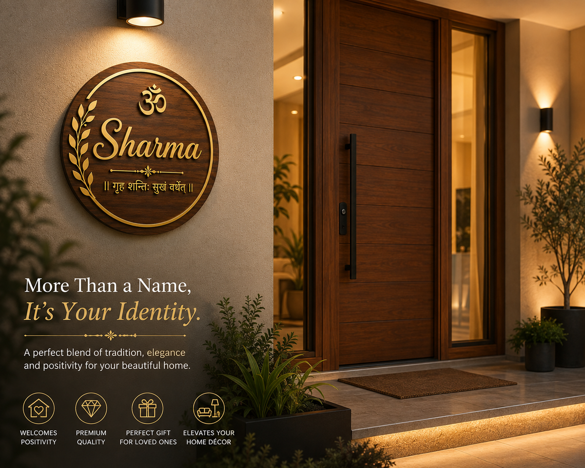 Personalized Wooden Family Name Plate with Om & Sanskrit Blessing | Premium Entrance Nameplate