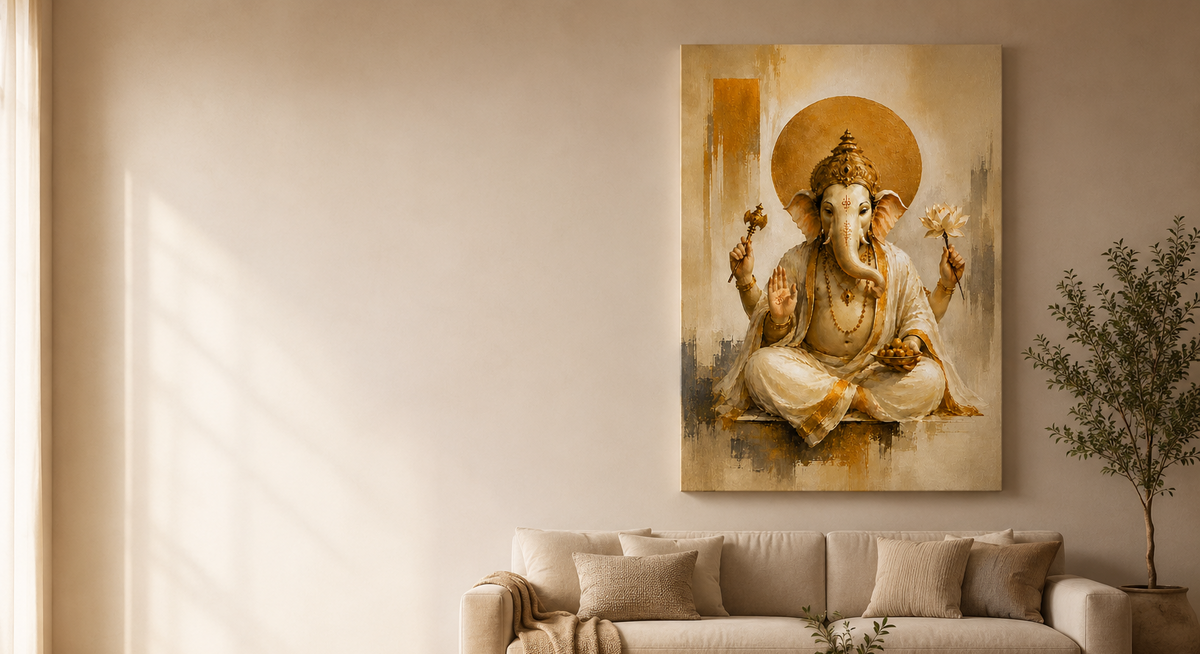 A large vertical canvas print of Lord Ganesha hanging on a beige wall above a modern light gray sofa in a styled living room.